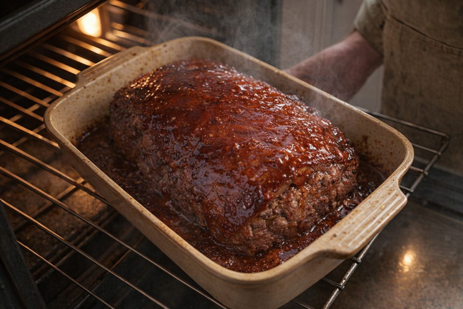 Overhead shot of meatloaf in a baking pan, halfway through cooking process, with glaze applied, oven light visible, steam rising slightly